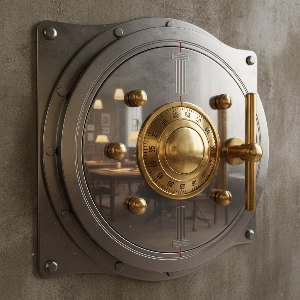 A round steel vault door with a central brass combination dial and handle is mounted flush against a rough concrete wall.